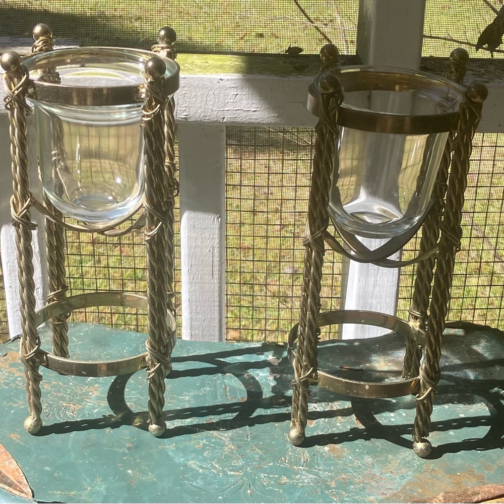Vintage pair of Twisted Brass Candle Holders with glass inserts